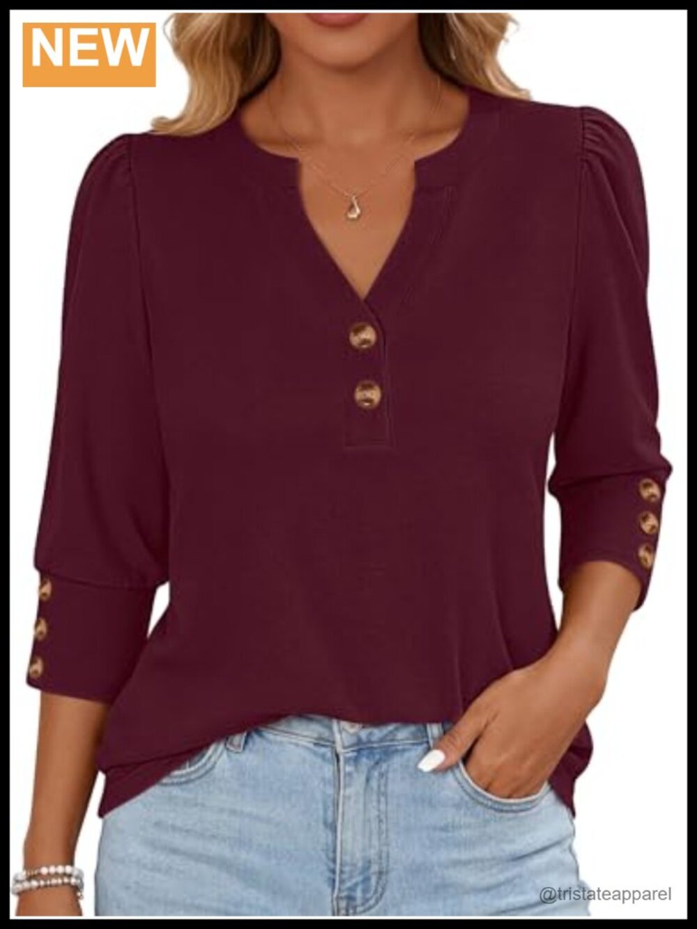 Women's 3/4 Sleeve Henley Blouse Business Casual Tunic Top